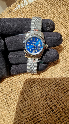 ساعت مچی زنانه رولکس دیت جاست سایز کوچک بند نقره ای صفحه آبی Date just 26mm